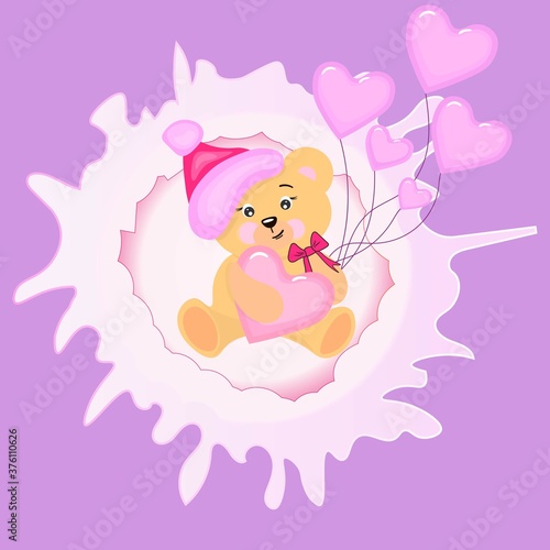 Cute teddy bear in a cap santa claus with balloons and a heart sits in a christmas frame. New year greeting card. Vector.