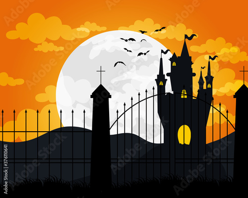 happy halloween card with castle haunted scene