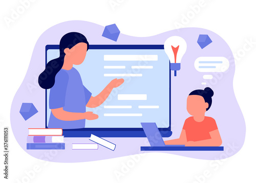 Learn from distance with teacher, online education. Kid girl is sitting on laptop and studying lesson. Child learns remotely. Home school, web e-learning, knowledge concept. Vector flat style
