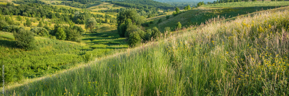 Hillsides covered with dry feather grass, rural landscape. Web banner.