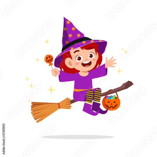 happy cute little kid boy and girl celebrate halloween wears witch costume