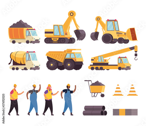bundle of construction vehicles and tools with workers