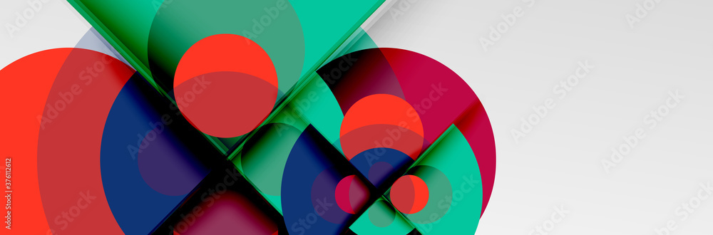 Bright color circles, abstract round shapes and triangles composition with shadow effects. Vector modern geometric design template Bright color circles, abstract round shapes and triangles composition with shadow effects. Vector modern geometric design template