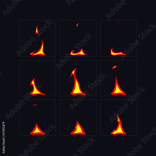 Sprite Sheets Flame animation. Fire sprites sheet for torch, campfire, games, cartoon or animation and motion design. Vector fire effect illustration.