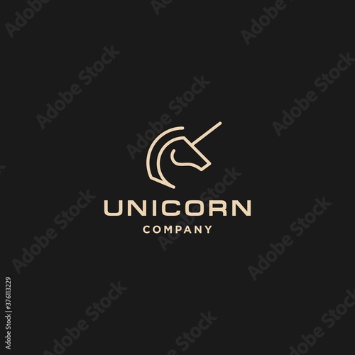 simple line horse unicorn Pegasus with horn logo design icon Vector in luxury gold color 