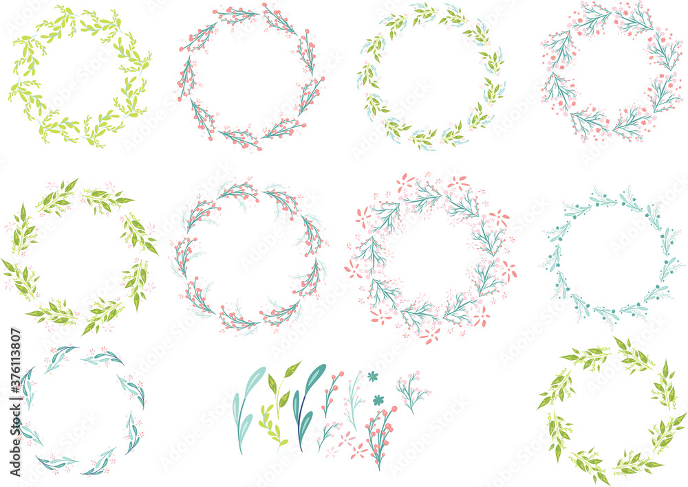 Beautiful set of hand-drawn wreath of green-yellow-red pastel colored floral on white background Beautiful set of hand-drawn wreath of green-yellow-red pastel colored floral on white background