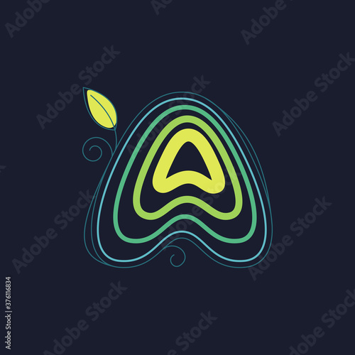 Green line A letter logo with swirl petals and leaf.