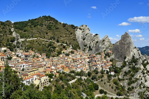  Panoramic view of Castelmezzano, a village in the mountains of the Basilicata region, Italy.