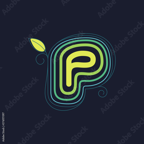 Green line P letter logo with swirl petals and leaf.