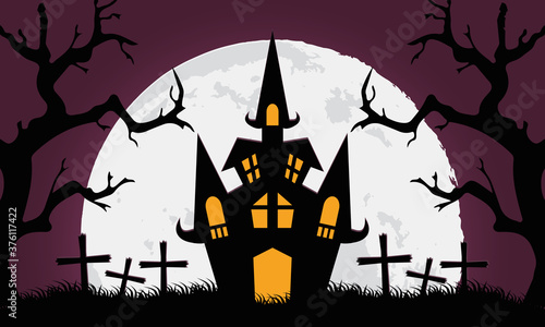 happy halloween card with castle in cemetery