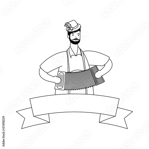 german man wearing tyrolean suit playing accordion ribbon frame line style
