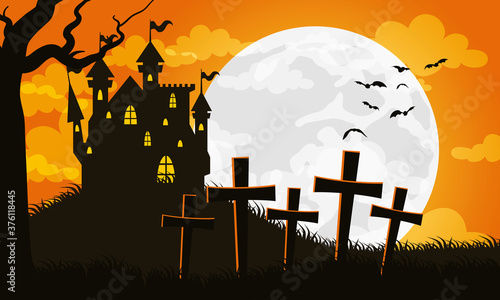 happy halloween card with haunted house in cemetery scene