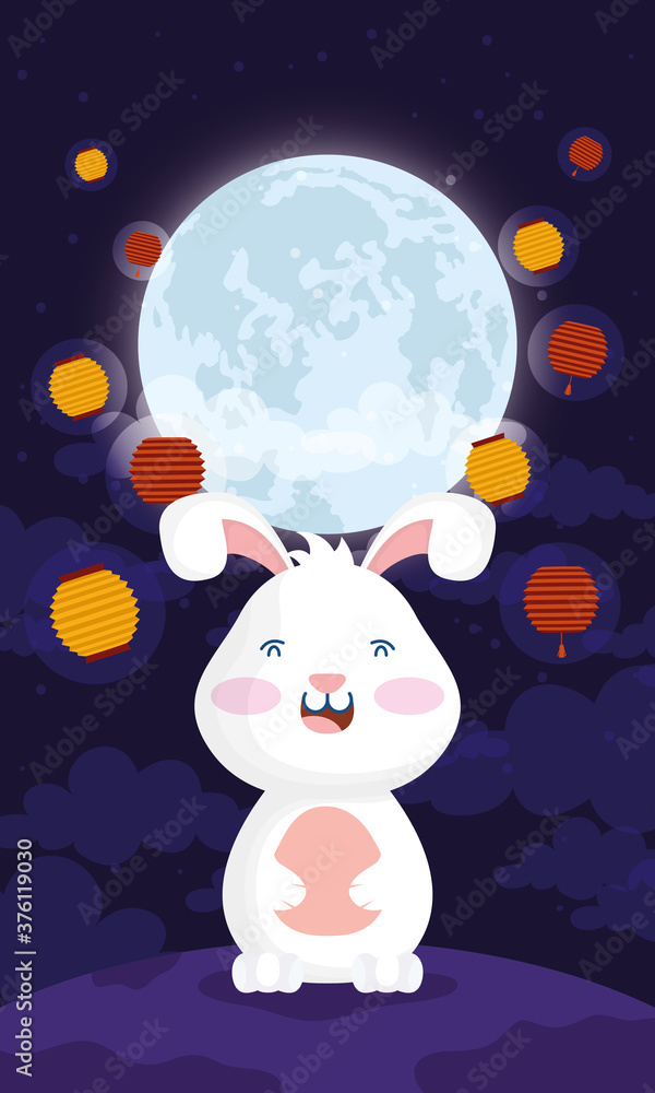 mid autumn festival poster with rabbit and moon