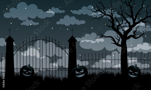 happy halloween card with pumpkins and gates scene