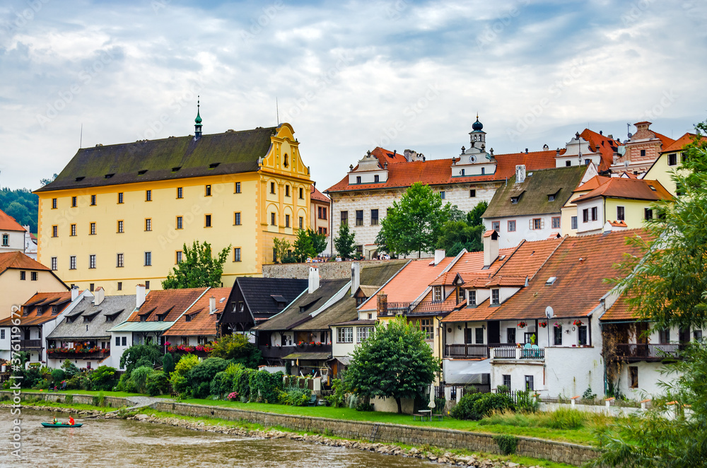 Cesky Krumlov, The Czech Republic: Vintage picturesque old town with colorful houses and chapel of church