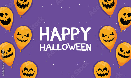 happy halloween card with lettering and balloons helium