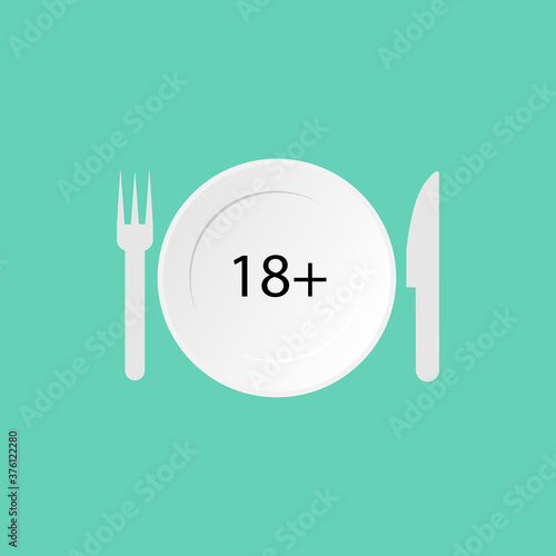 Icon of plate, knife, fork, eighteen plus sign. Vector illustration eps 10