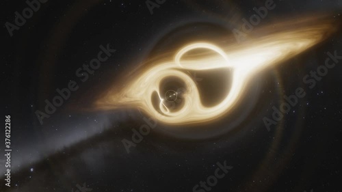 Animation of a wormhole next to a supermassive black hole with accretion disk. Space and time are deformed by strong gravity
