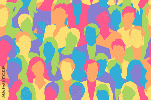 Rainbow people lgbt people crowd abstract seamless pattern. Repetitive rainbow coloured abstract vector illustration of portraits crowd. 