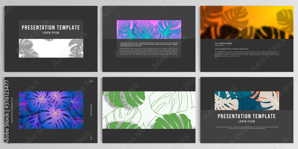 Vector layouts of presentation design templates for brochure, cover design, flyer, book design, magazine, poster. Tropical palm leaves, shadow of tropical jungle leaves. Floral pattern backgrounds.