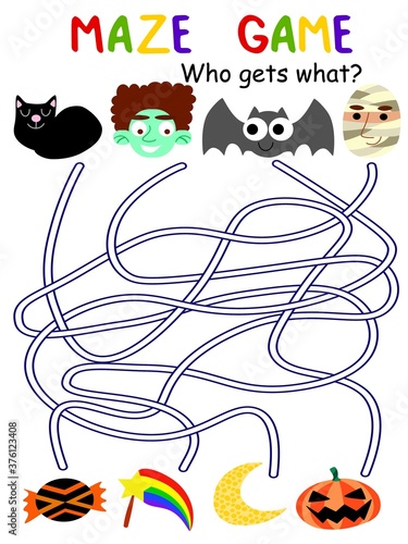 Halloween maze game for kids stock vector illustration. Educational funny worksheet with black cat, zombie, bat and mummy. Who gets what? Cat - pumpkin, zombie - candy, bat - moon, mummy - magic wand
