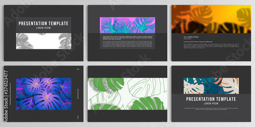 Vector layouts of presentation design templates for brochure, cover design, flyer, book design, magazine, poster. Tropical palm leaves, shadow of tropical jungle leaves. Floral pattern backgrounds.