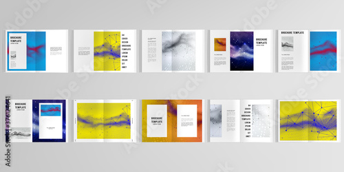 3d realistic vector layout of cover mockup templates for A4 bifold brochure, flyer, cover design, book design. Colorful wavy particle surface background for technology or science cyber space concept.