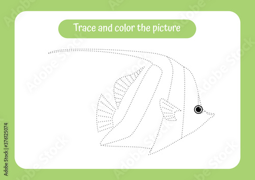 Tropical fish. Trace and color the picture.Educational game for children. Handwriting and drawing practice. Ocean theme activity for toddlers, kids.