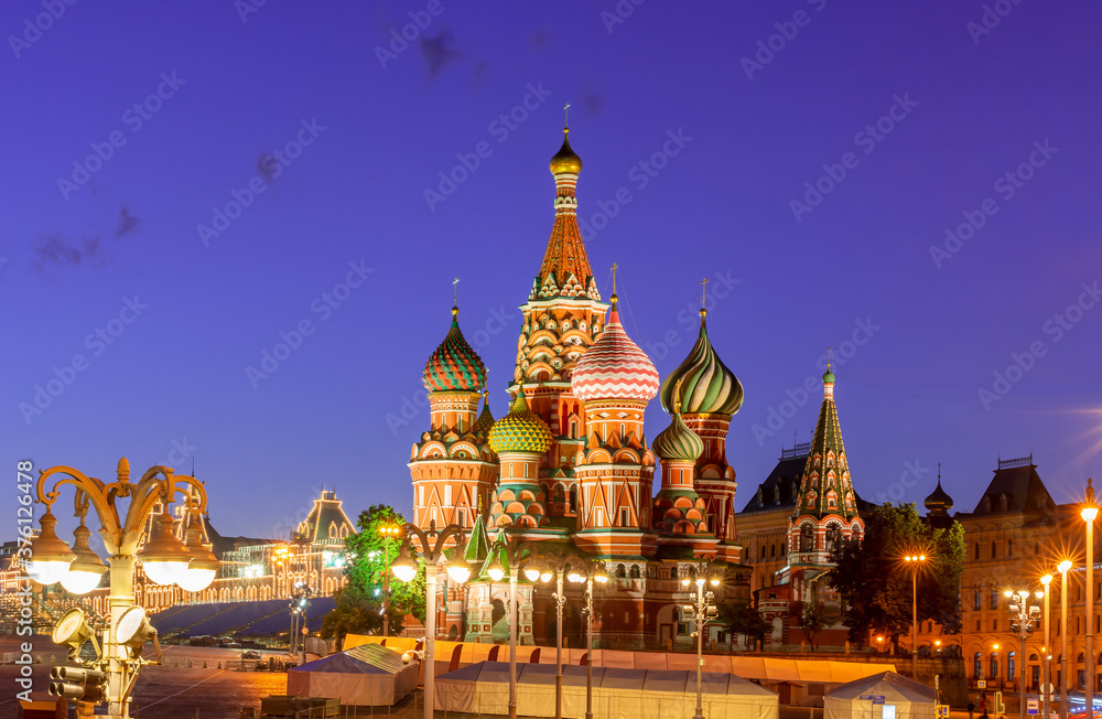 Cathedral of Vasily the Blessed (Saint Basil's Cathedral) on Red Square at night, Moscow, Russia