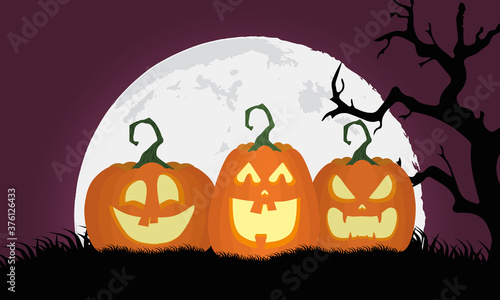 happy halloween card with pumpkins and moon