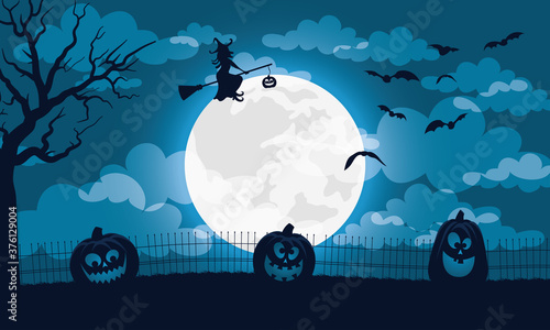 happy halloween card with pumpkins and witch flying