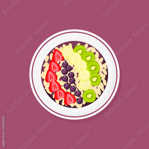 Acai smoothie bowl with strawberries, banana, kiwi, granola. Healthy natural breakfast. Vector flat illustration.