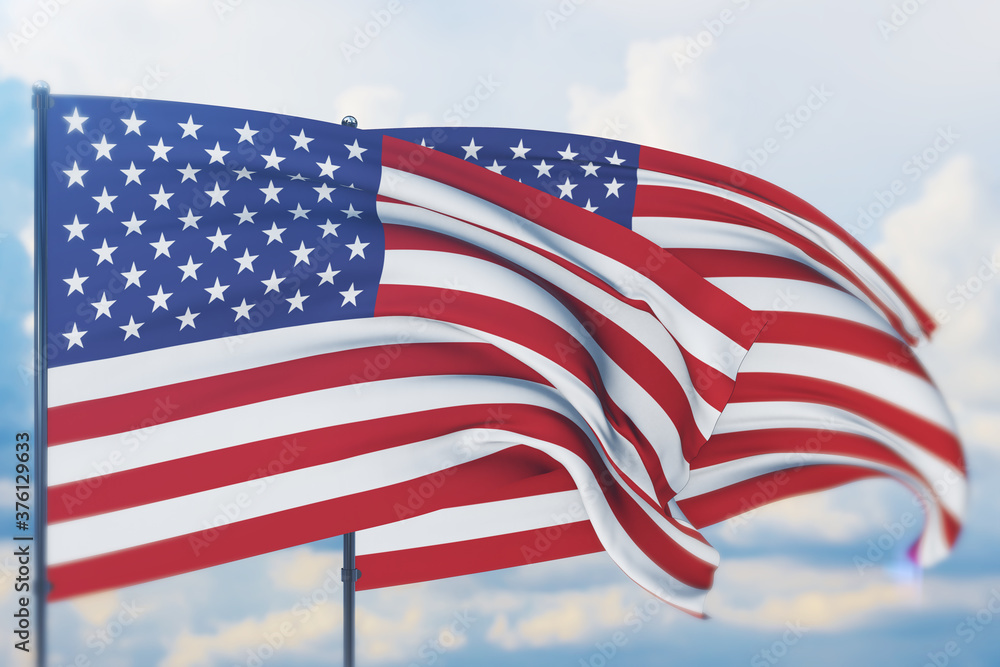Waving flags of the world - American Flag. Closeup view, 3D illustration.