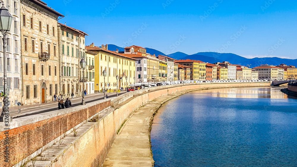 Embankment of Arno river in Pisa, Italy.