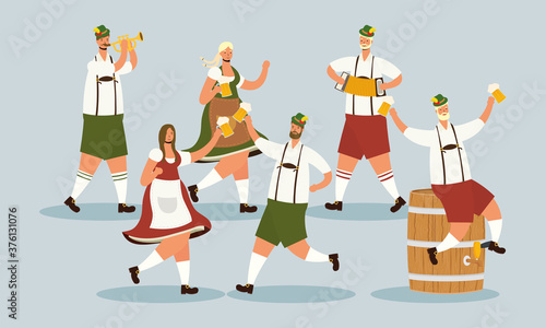 german people wearing tyrolean suit drinking beers and playing instruments
