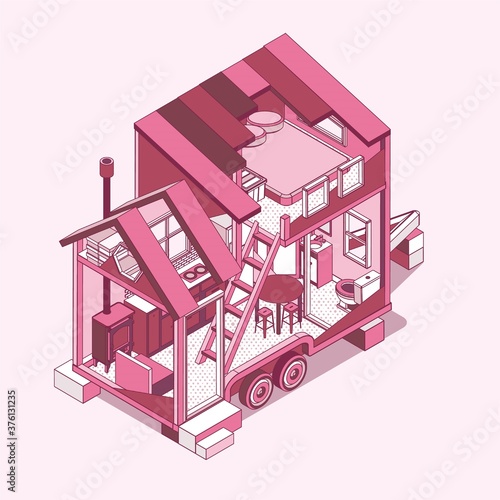 Small Tiny house. Modern Mobile Trailers. Vector Illustration.
