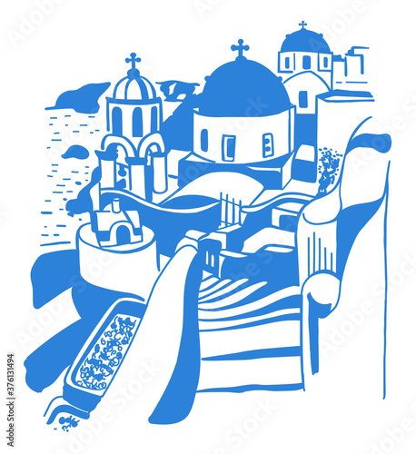 Santorini island, Greece. Beautiful traditional white architecture and Greek Orthodox churches with blue domes over the Aegean caldera. Blue. Advertising card, flyer, vector