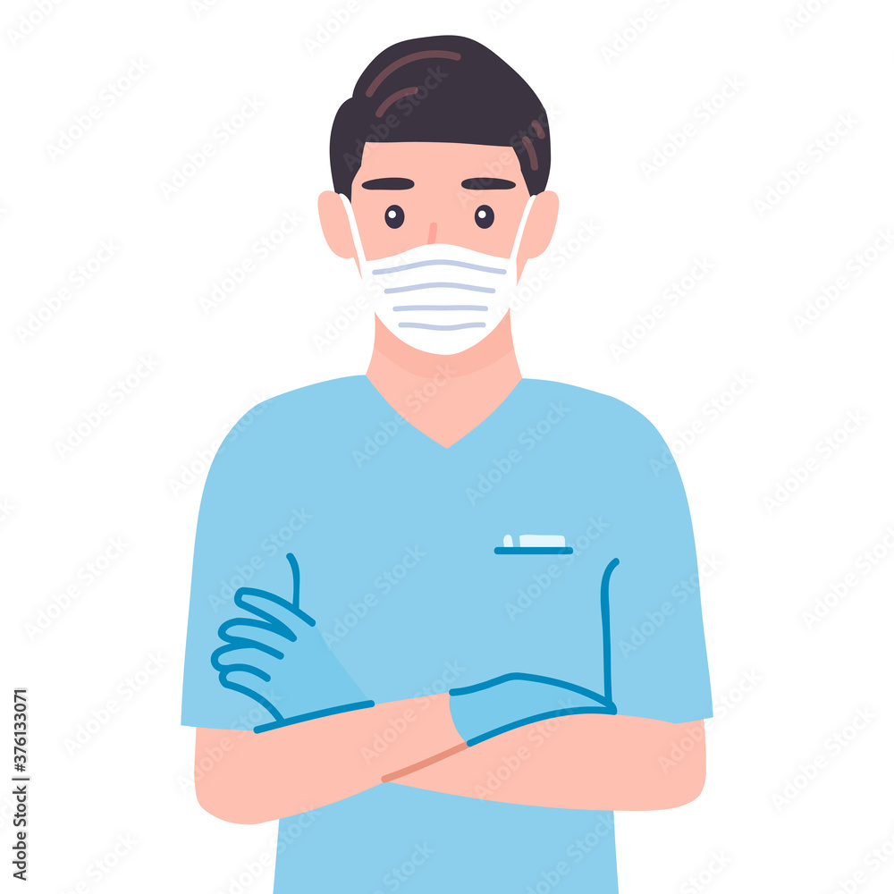 Doctor standing with arms crossed, wearing protective medical mask and gloves for prevent corona virus Covid-19