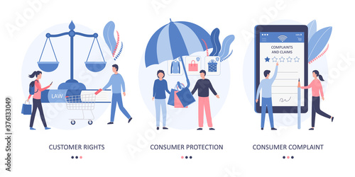The concept of consumer rights, consumer protection law, customer complaint and negative feedback on the purchased product or service. Scales of justice, umbrella, online shopping. Flat vector.