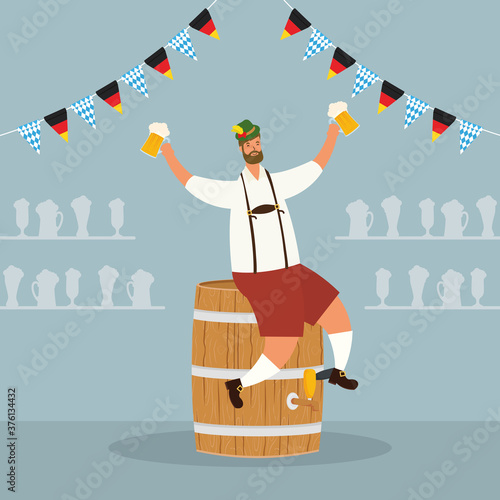german man wearing tyrolean suit drinking beers seated in barrel
