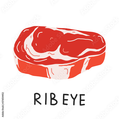 Rib eye steak, raw ribeye meat, uncooked beef cut piece, realistic vector illustration on white backgroound, good as icon for restaurant or butchery