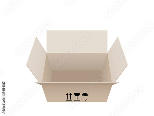 Geöffneter Pappkarton, leere Box mit Warnhinweis, 
Vektor Illustration isoliert auf weißem Hintergrund

