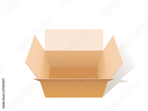 Geöffneter Pappkarton mit Schatten, leere Box, 
Vektor Illustration isoliert auf weißem Hintergrund
