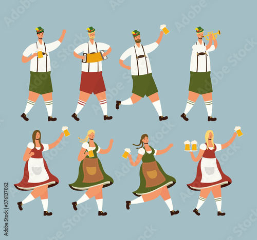 german people wearing tyrolean suit drinking beers and playing instruments
