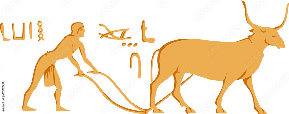 Egyptian hieroglyph. A worker plows the land with a bull. Vector color image. Egyptian hieroglyph. A worker plows the land with a bull. Vector color image.