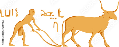 Egyptian hieroglyph. A worker plows the land with a bull. Vector color image.