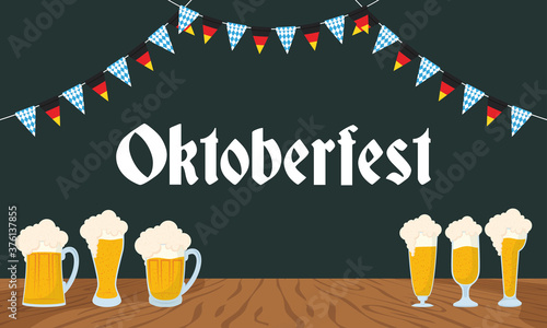 oktoberfest party lettering in poster with beers and garlands