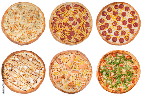 Set of pizzas isolated on white background. Top view