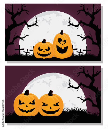 happy halloween card with pumpkins and trees scenes
