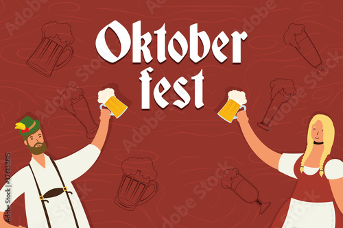 german couple wearing tyrolean suit drinking beers characters
